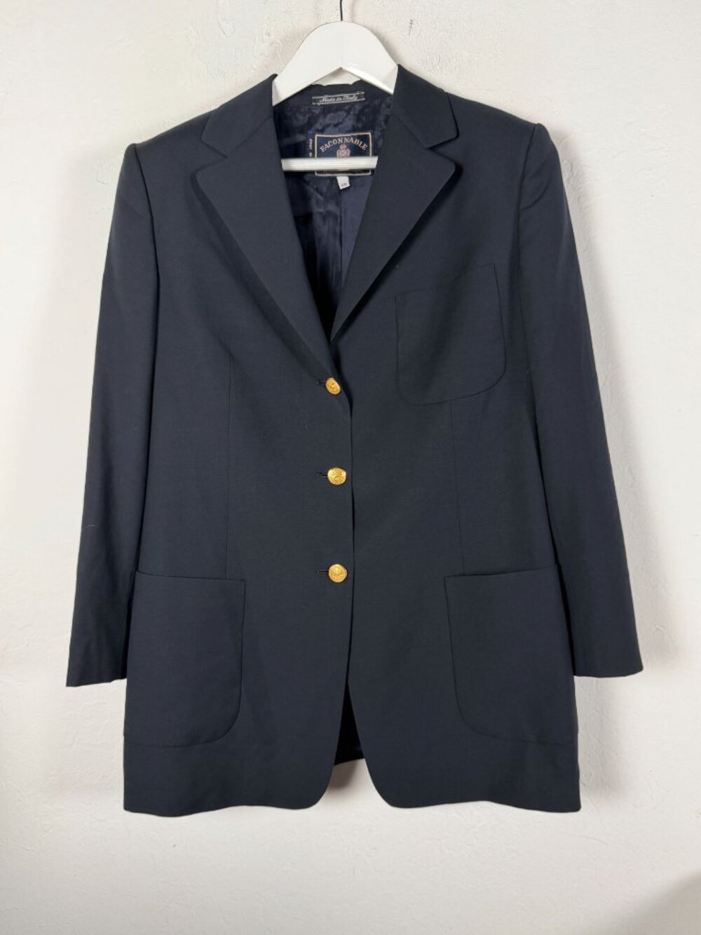 Faconnable Tailleur Women Navy Wool Blazer Gold Button Italy Size 48 Classic